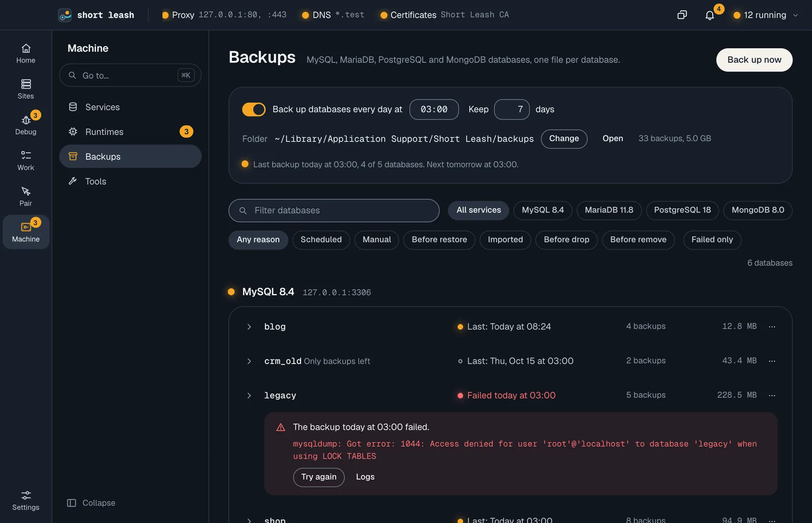 Short Leash's Backups screen: the daily time and how many days to keep, and each database with its backups