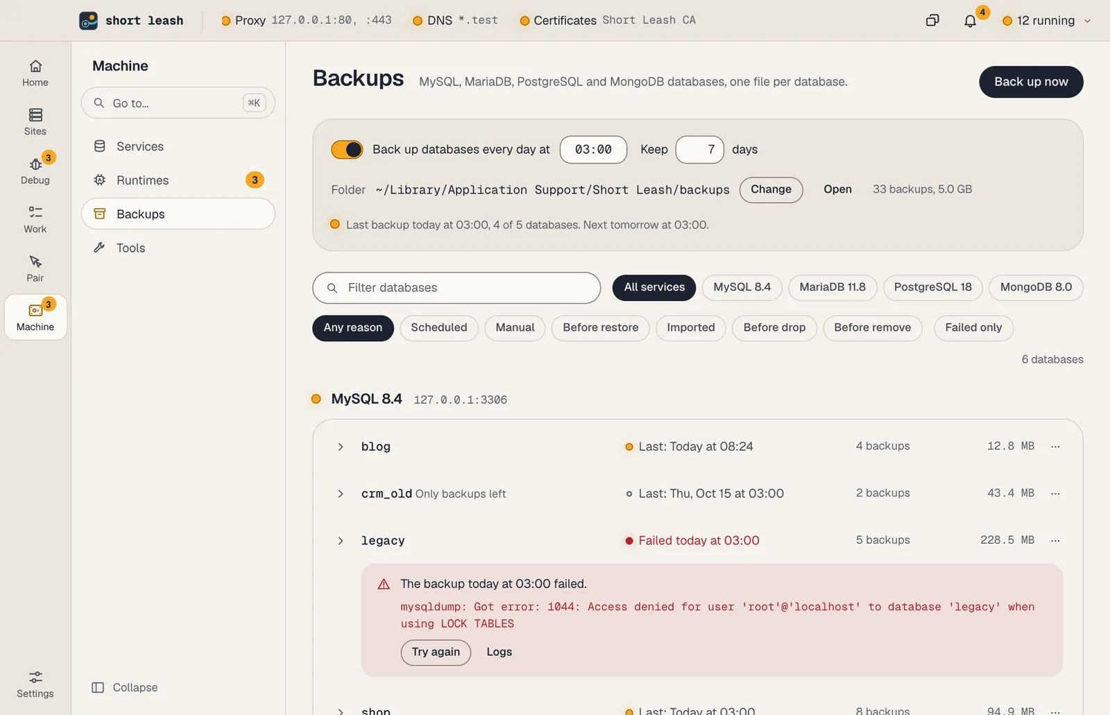 Short Leash's Backups screen: the daily time and how many days to keep, and each database with its backups
