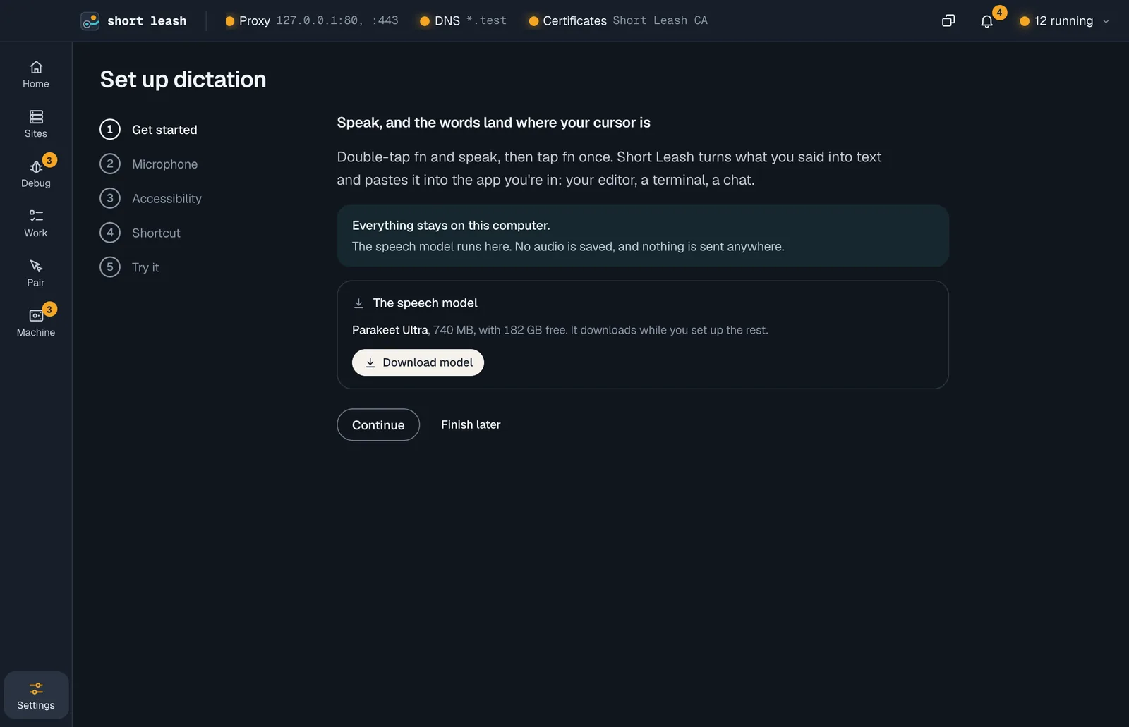 Setting up dictation in Short Leash: the speech model's size and Download model, and the permissions and shortcut it asks for