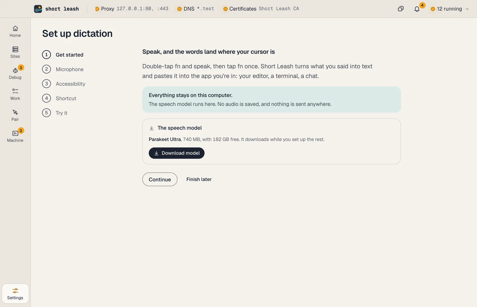 Setting up dictation in Short Leash: the speech model's size and Download model, and the permissions and shortcut it asks for