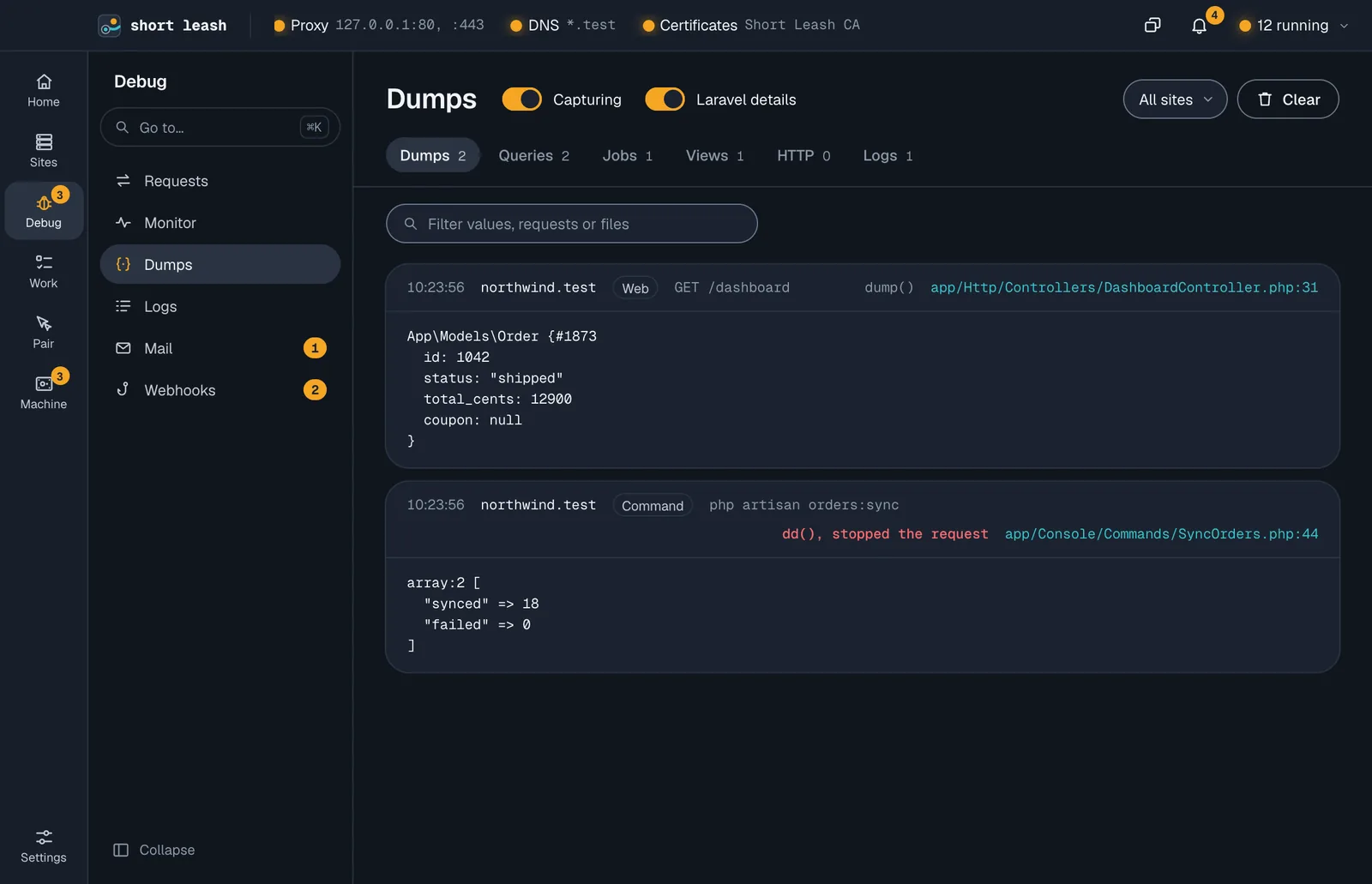 Short Leash's Dumps screen with a dump() from a web request and a dd() from an Artisan command, each with its file and line