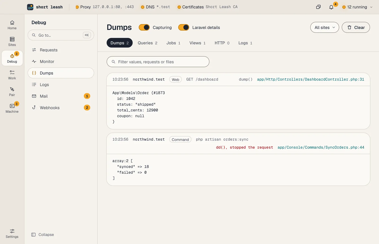 Short Leash's Dumps screen with a dump() from a web request and a dd() from an Artisan command, each with its file and line