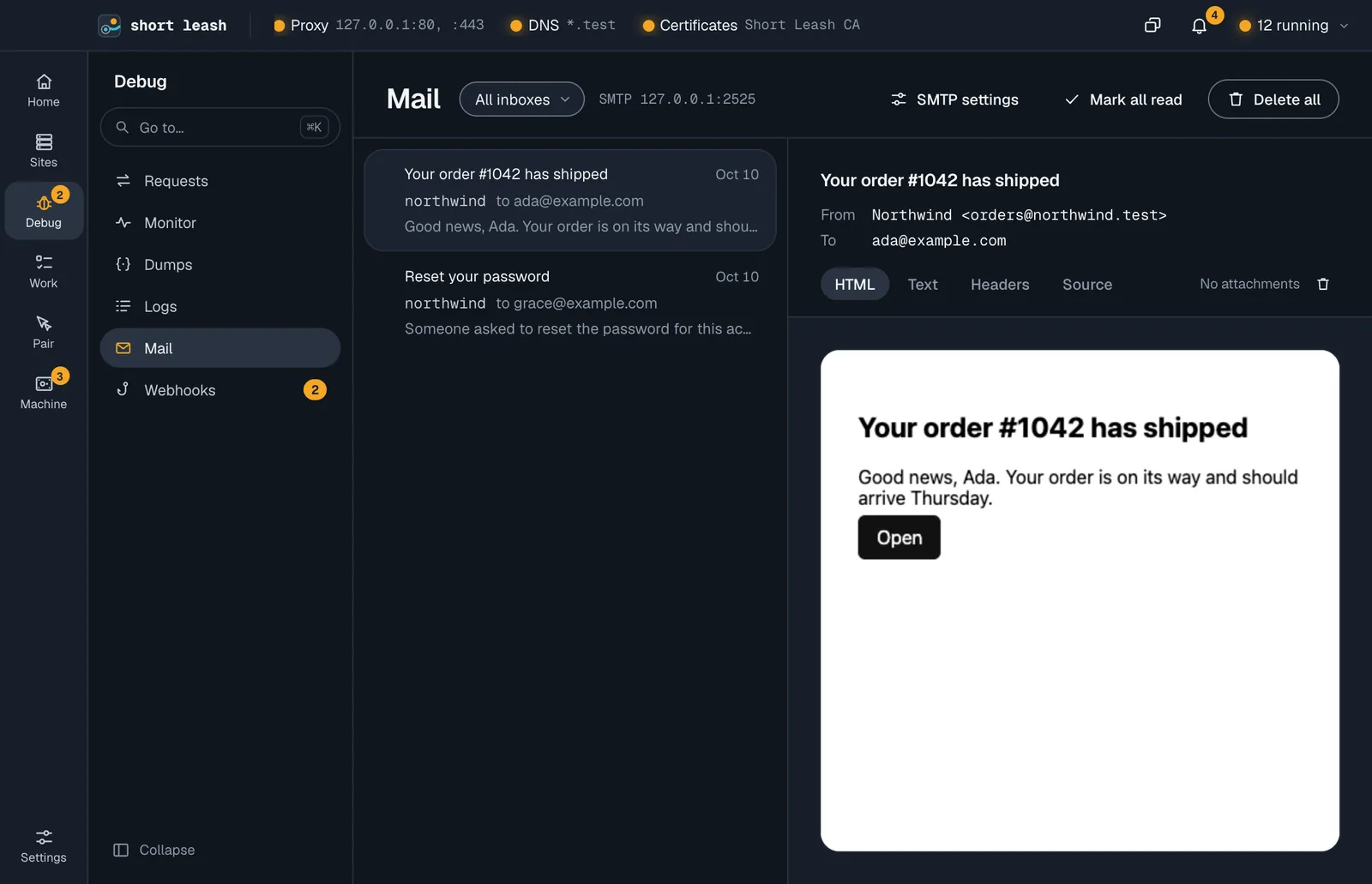 Short Leash's Mail screen listing messages caught from northwind, with the inbox filter and the SMTP address 127.0.0.1:2525