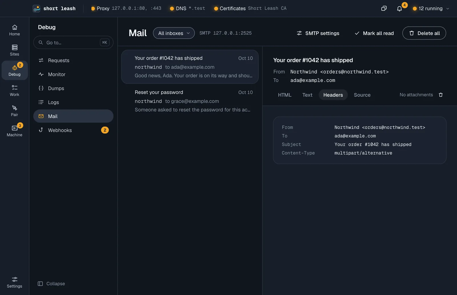 A caught message open on its Headers tab, listing From, To, Subject and the rest