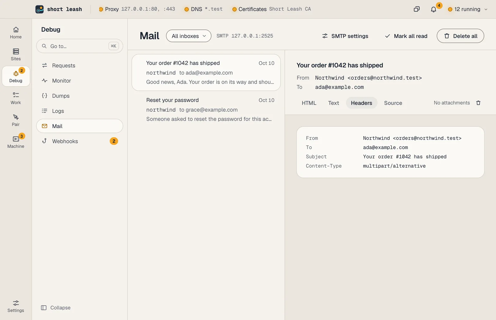 A caught message open on its Headers tab, listing From, To, Subject and the rest