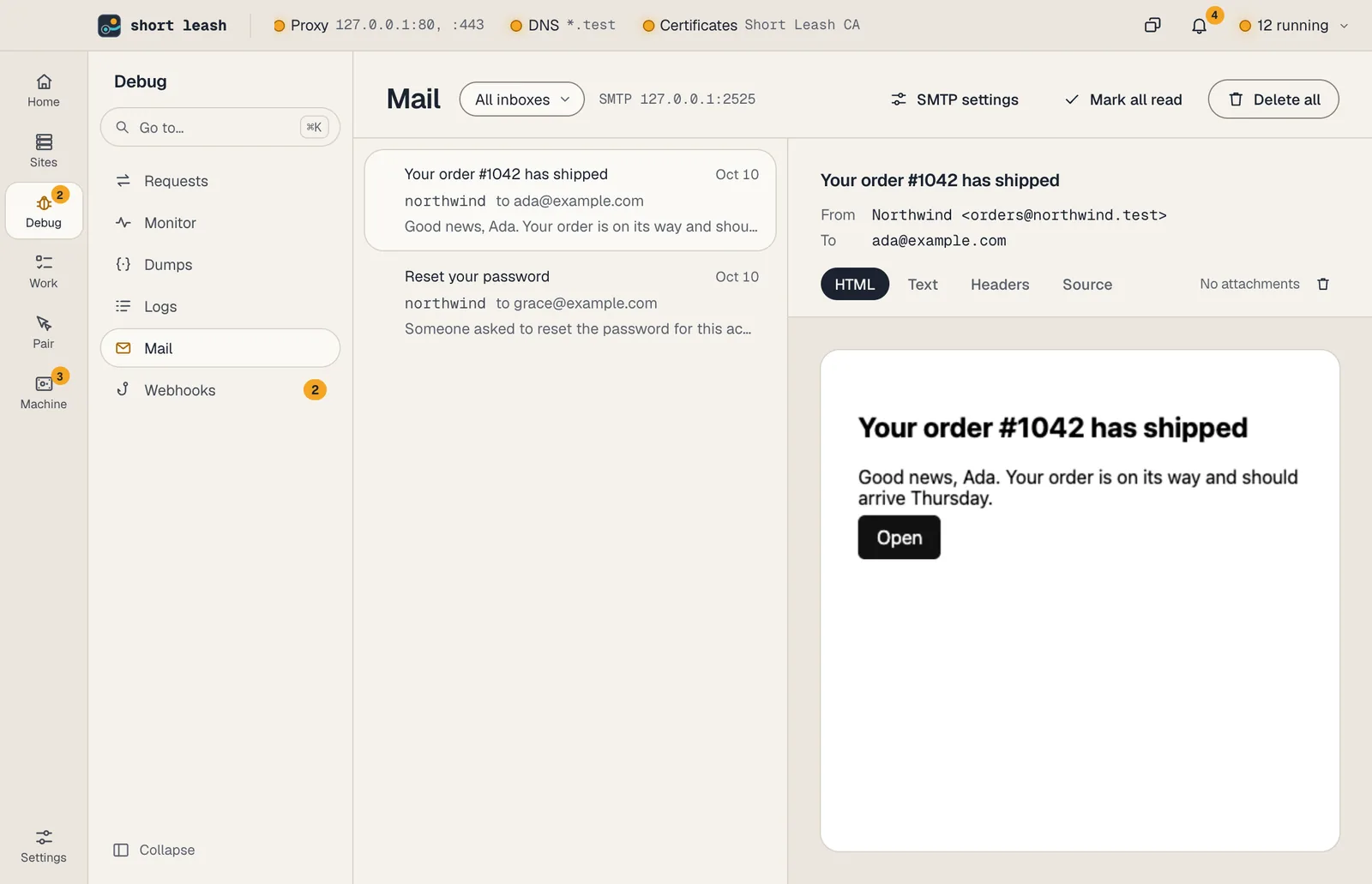Short Leash's Mail screen listing messages caught from northwind, with the inbox filter and the SMTP address 127.0.0.1:2525
