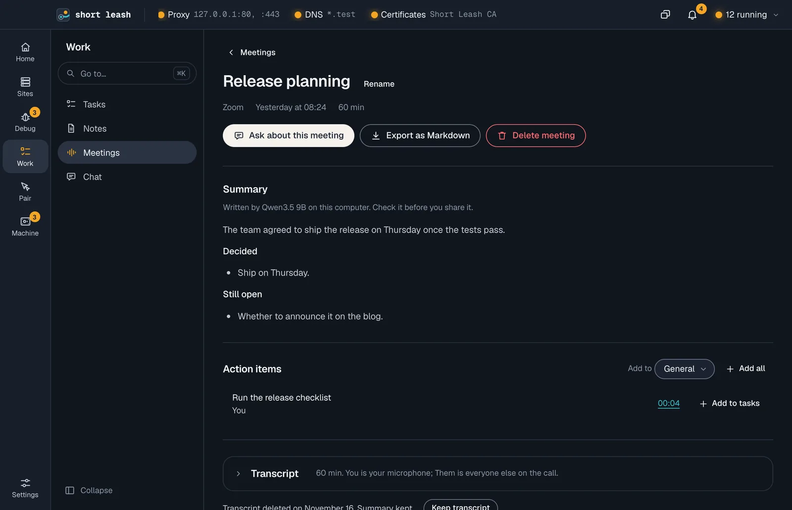 Work › Meetings: a call's summary written on this computer, its action items and the transcript