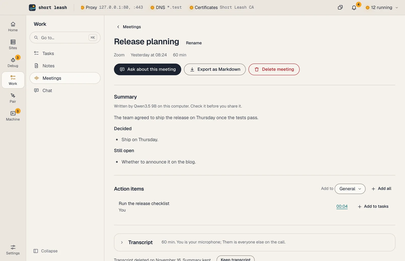 Work › Meetings: a call's summary written on this computer, its action items and the transcript