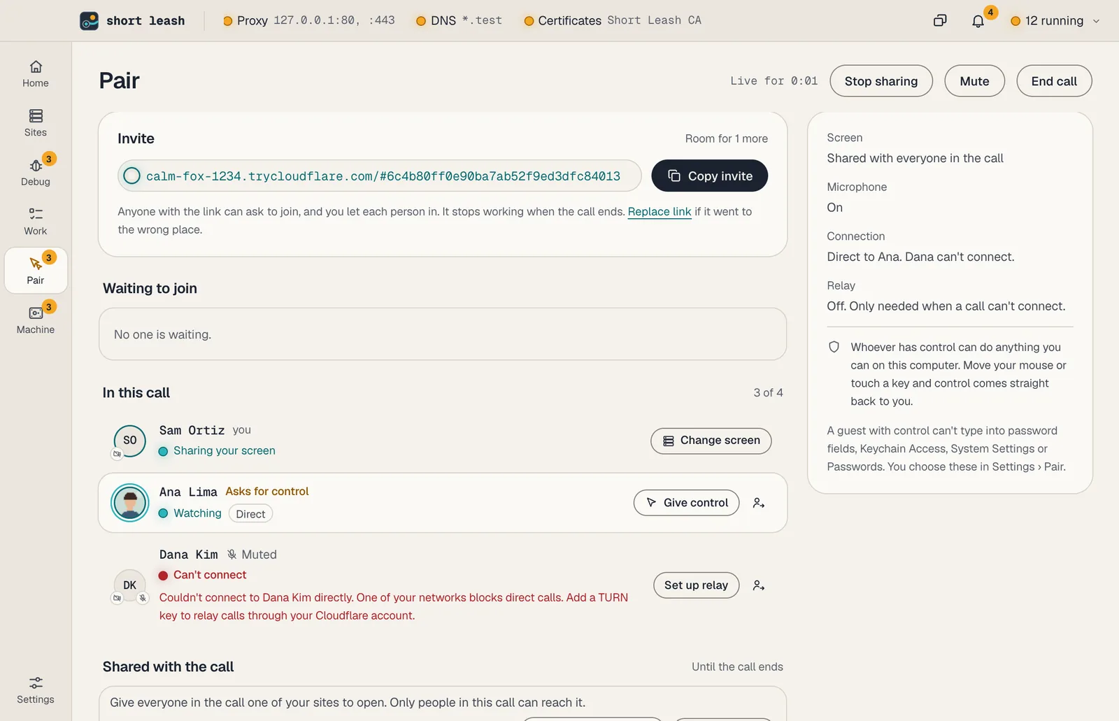 Short Leash's Pair screen during a call: the invite with Copy invite, and the people in the call with what each is doing