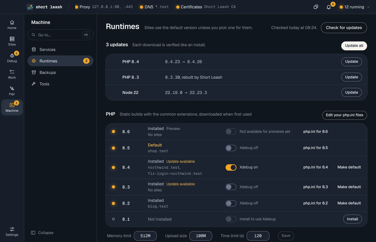 The Runtimes screen with three updates ready, and PHP 8.6 to 8.1: 8.6 marked Preview, 8.5 as the default, an Xdebug switch and a php.ini button for each installed version, and PHP settings