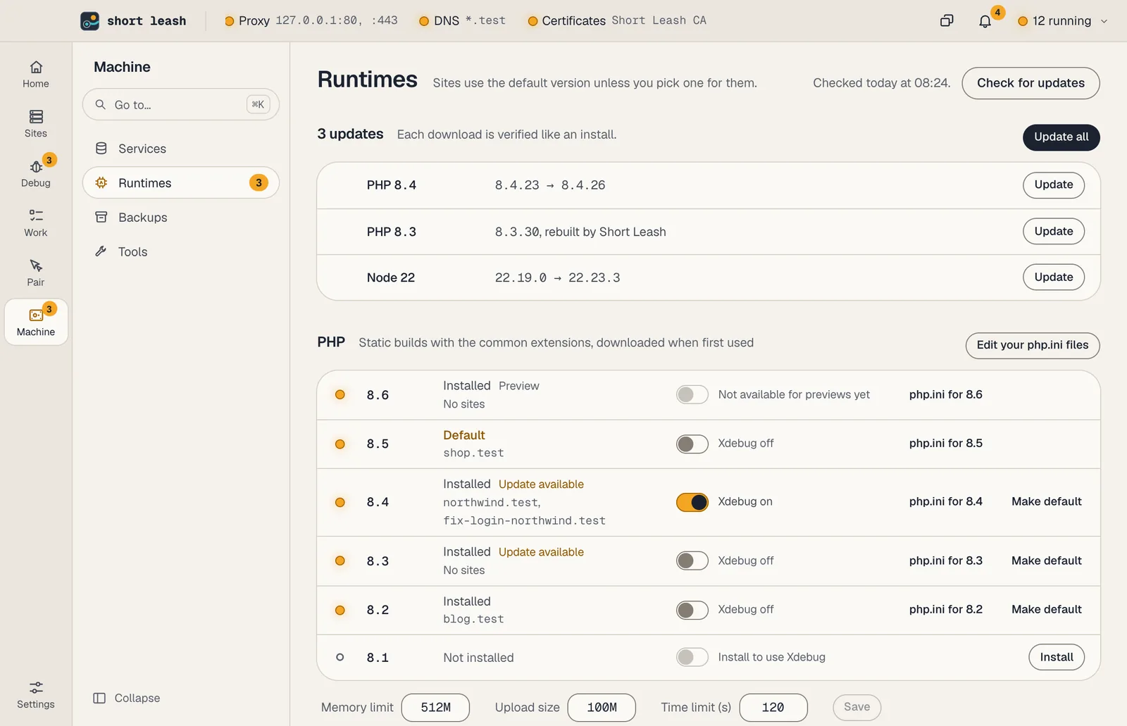 The Runtimes screen with three updates ready, and PHP 8.6 to 8.1: 8.6 marked Preview, 8.5 as the default, an Xdebug switch and a php.ini button for each installed version, and PHP settings