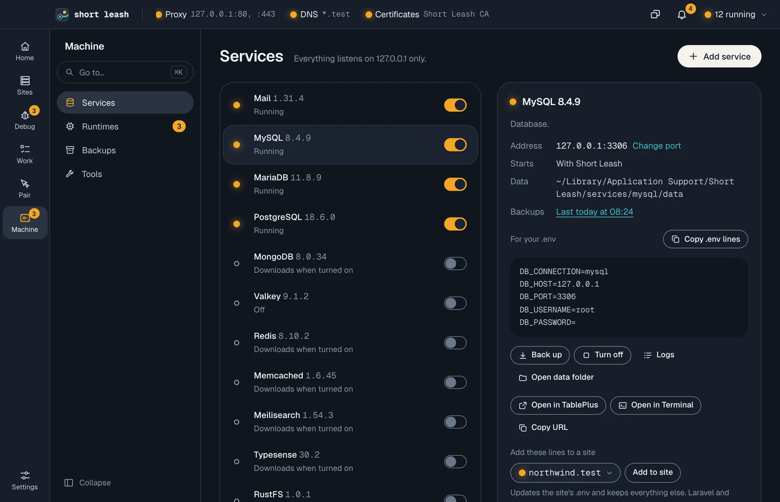 Short Leash's Services screen with Mail, MySQL and PostgreSQL running, and the selected service's address, data folder and .env lines