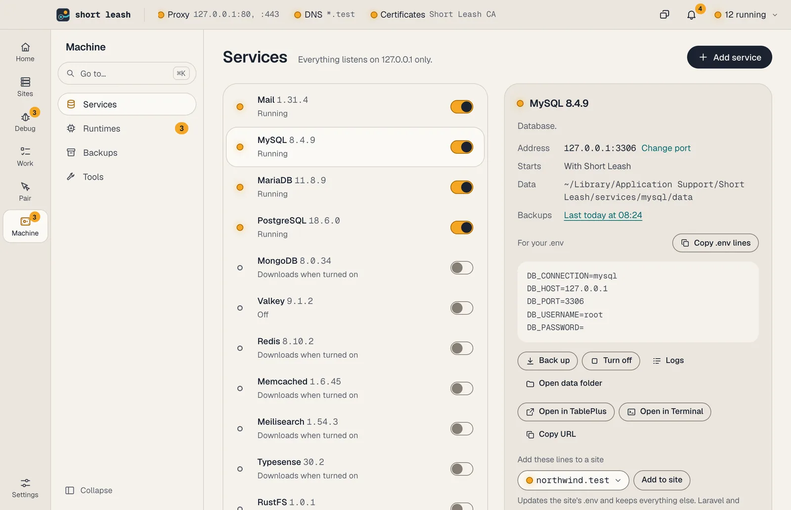 Short Leash's Services screen with Mail, MySQL and PostgreSQL running, and the selected service's address, data folder and .env lines