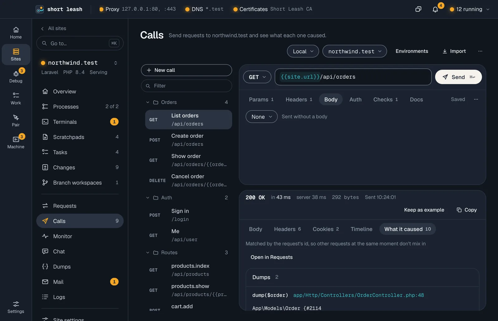 northwind's Calls page: saved calls in folders, the List orders call, and its answer open on What it caused