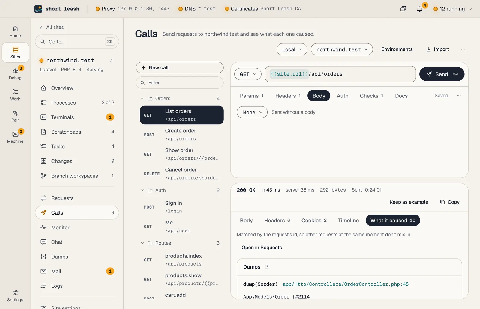 northwind's Calls page: saved calls in folders, the List orders call, and its answer open on What it caused