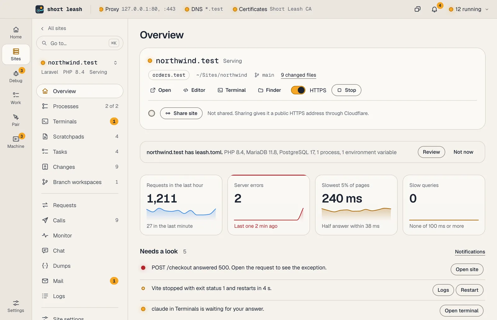 northwind.test's Overview, with its share address, the requests through it and Stop sharing