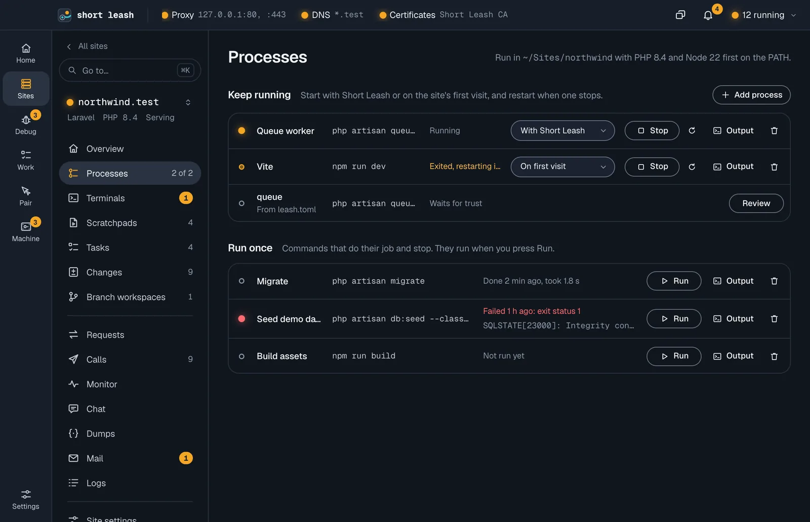 northwind.test's Processes page: the processes it keeps running, and the commands that run once with how their last run ended