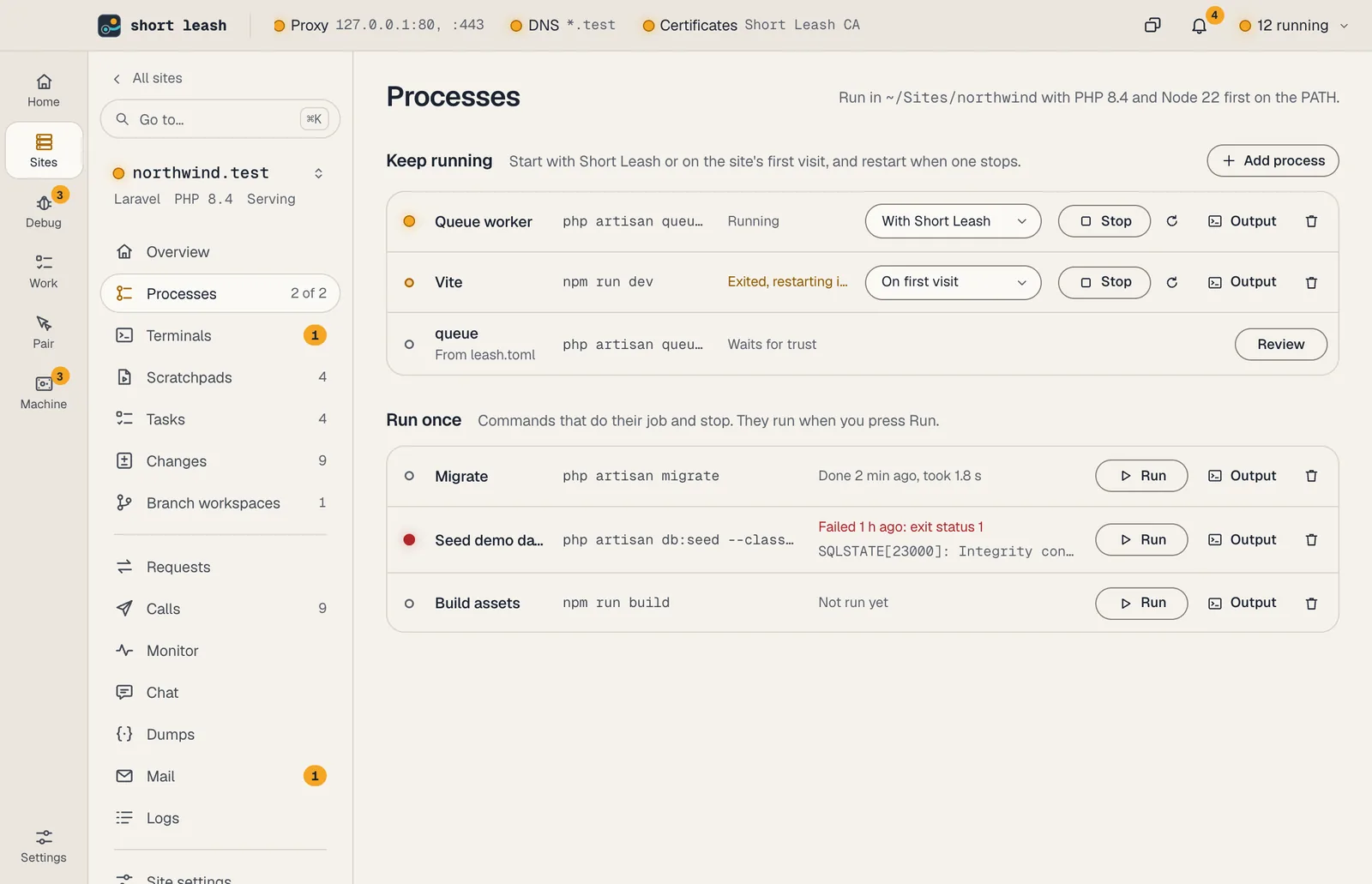 northwind.test's Processes page: the processes it keeps running, and the commands that run once with how their last run ended