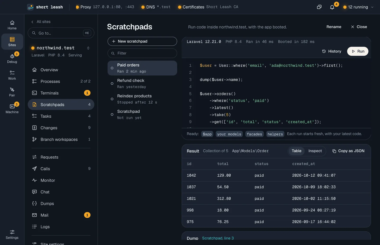 A scratchpad in northwind.test: Laravel code above, and below it what the code returned and the queries it ran