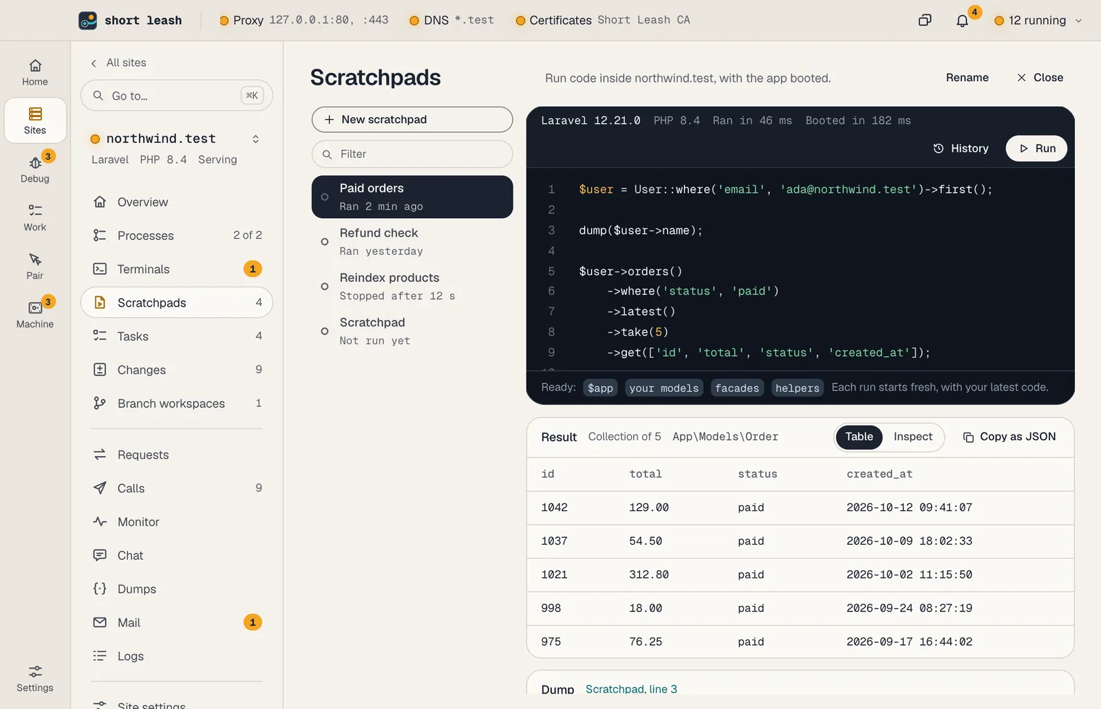A scratchpad in northwind.test: Laravel code above, and below it what the code returned and the queries it ran