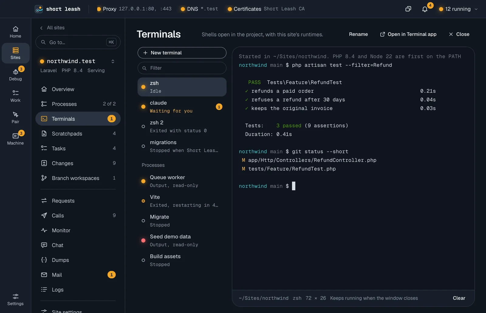 The Terminals page of northwind.test: its terminals listed on the left, one waiting for an answer, and the selected shell filling the page