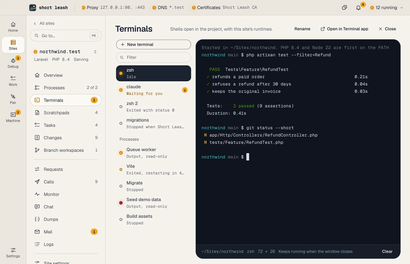 The Terminals page of northwind.test: its terminals listed on the left, one waiting for an answer, and the selected shell filling the page