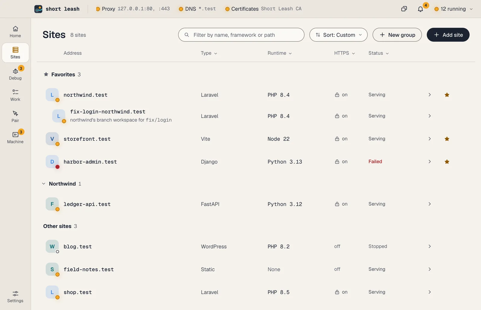 Short Leash's Sites screen with three favorites on top, a Northwind group and the other sites, each with its framework's tile and lamp, its runtime, HTTPS and status