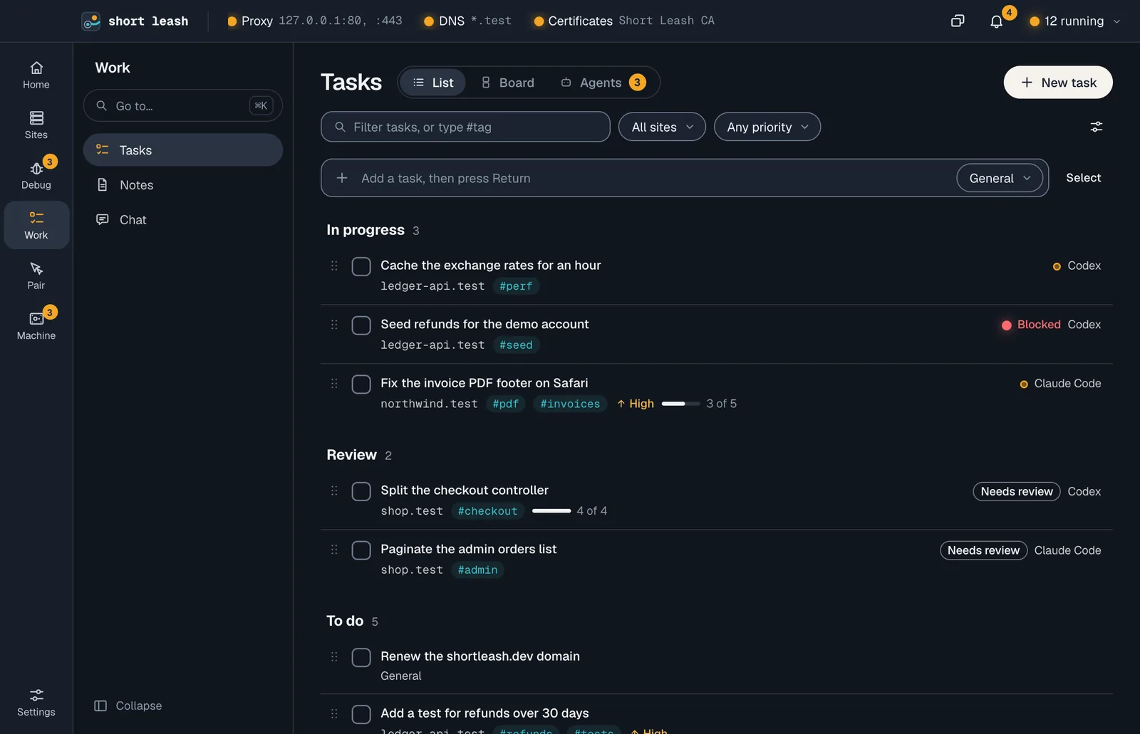 Work › Tasks as a List: In progress, Review and To do, each task with its site and tags, the agent's name on the ones agents are working on, one blocked and two waiting for review
