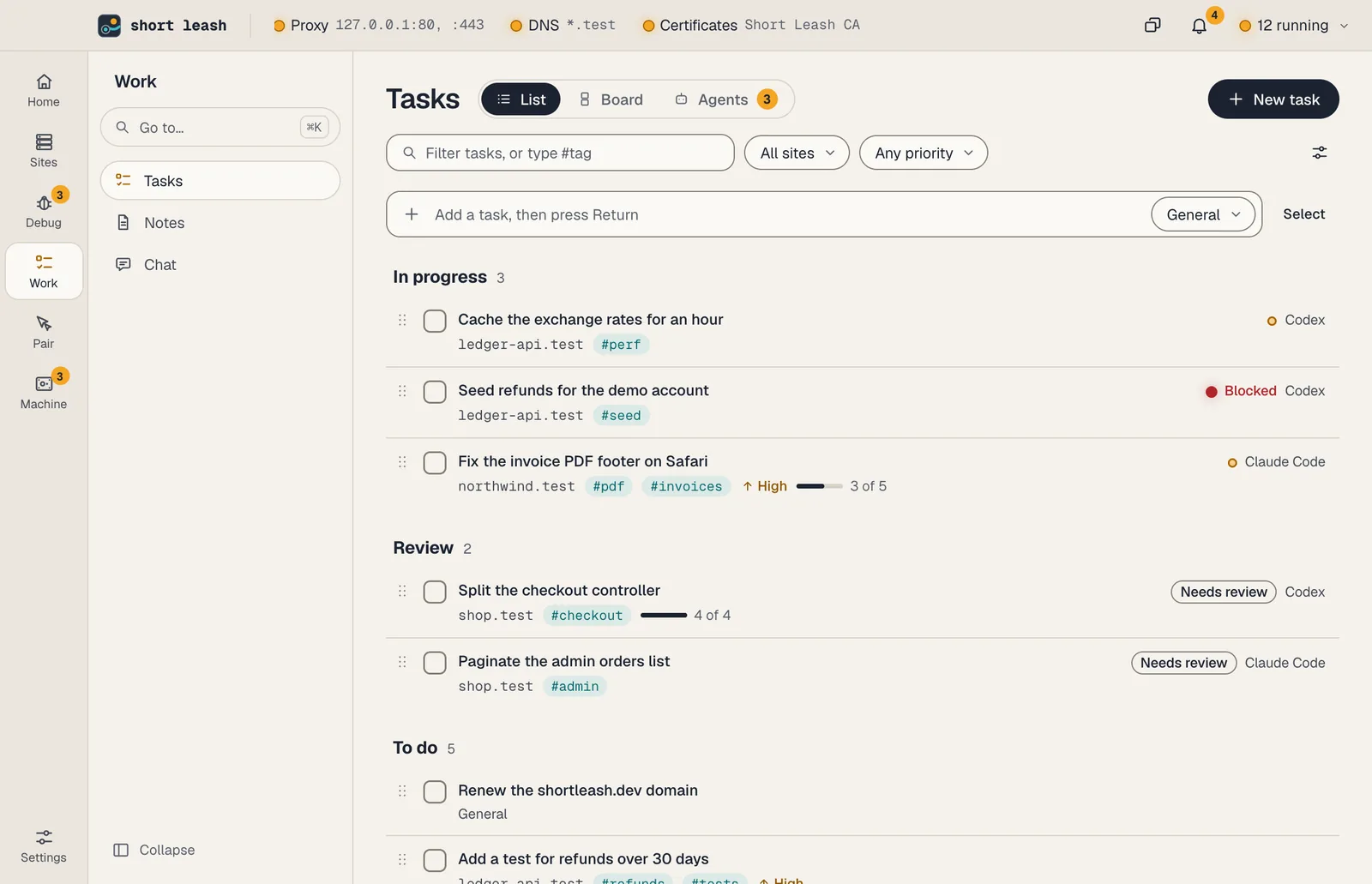 Work › Tasks as a List: In progress, Review and To do, each task with its site and tags, the agent's name on the ones agents are working on, one blocked and two waiting for review