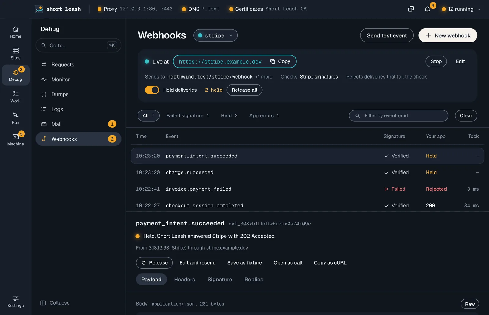 Short Leash's Webhooks screen for a Stripe webhook: its public address, what it checks and where it sends, and its deliveries with each one's signature check and your app's reply