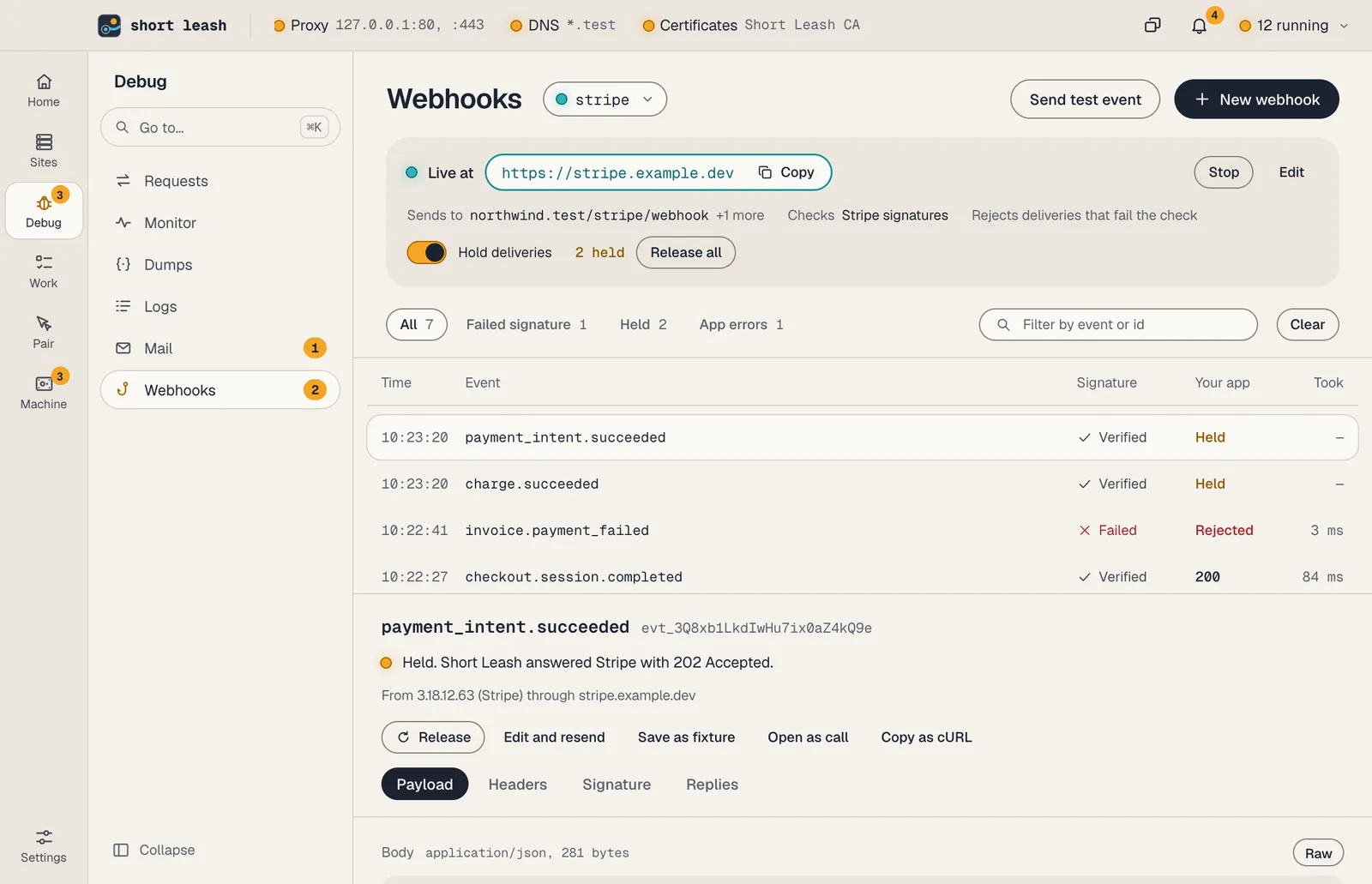 Short Leash's Webhooks screen for a Stripe webhook: its public address, what it checks and where it sends, and its deliveries with each one's signature check and your app's reply